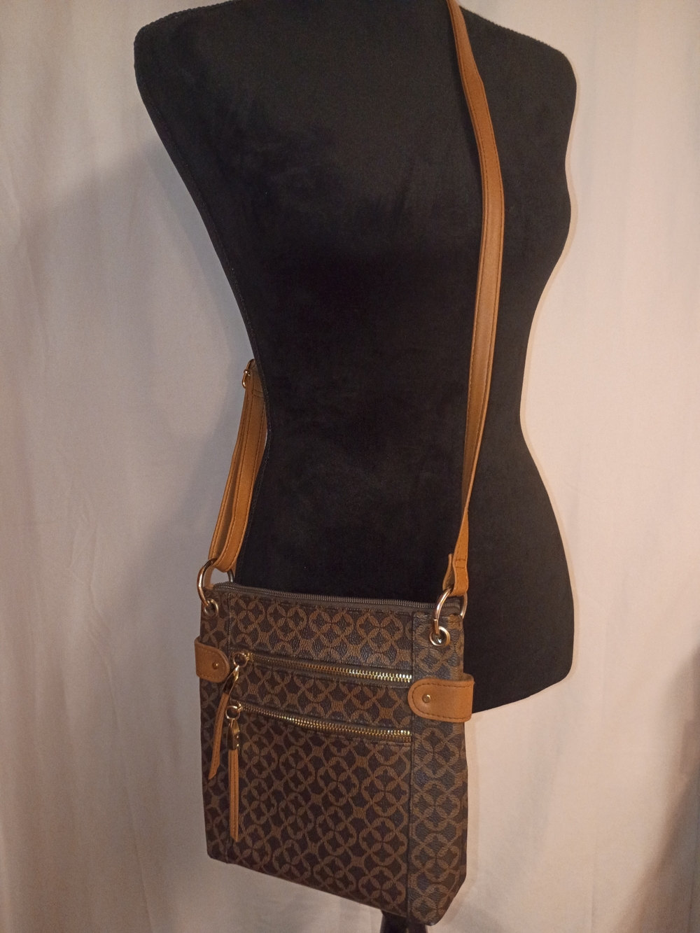 Brown Patterned Crossbody Bag with Tan Strap